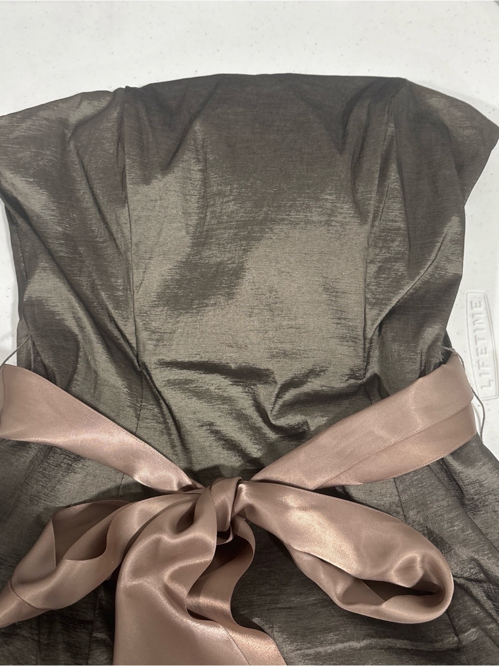 N V Couture Olive Green Party Dress with Satin tan Waist Tie - Picture 4 of 6